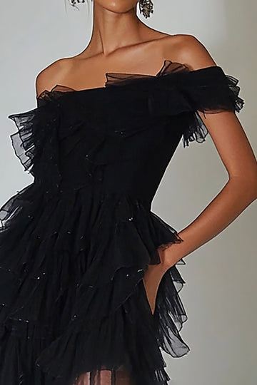 Off The Shoulder Ruffle Tulle Little Black Dress